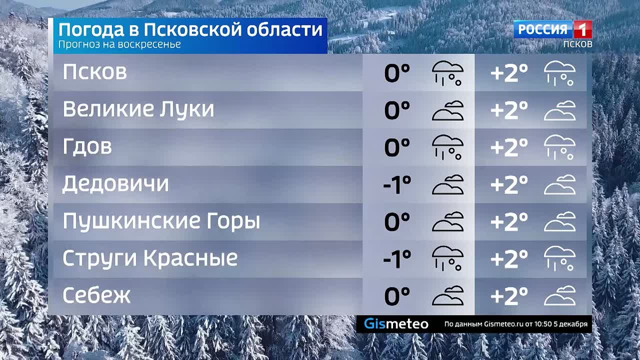 Прогноз погоды в Псковской области на 7 декабря