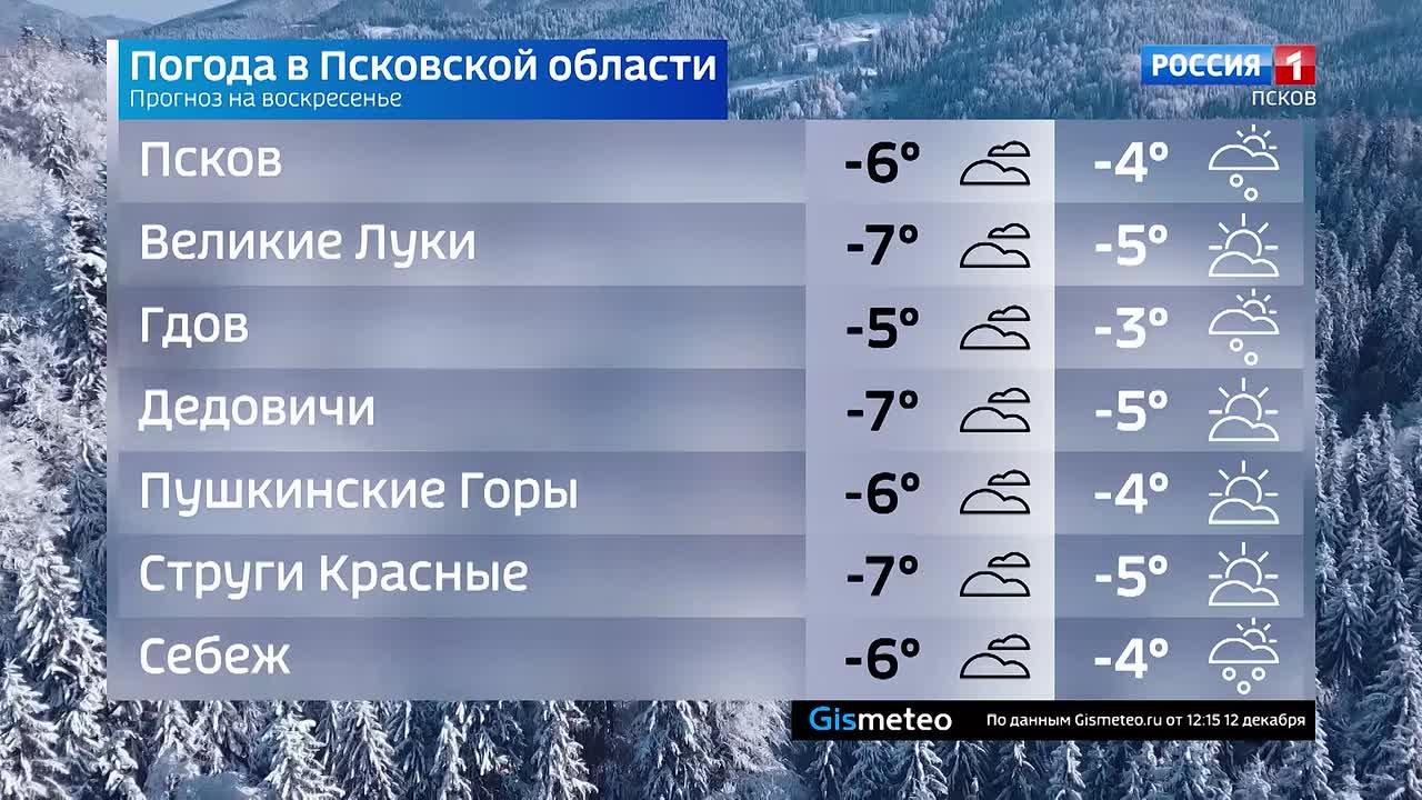 Прогноз погоды в Псковской области на 14 декабря