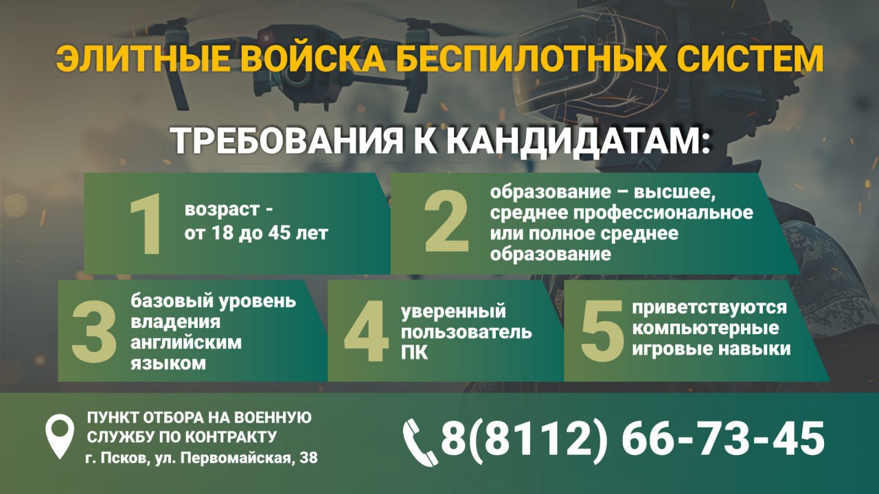В Псковской области объявлен набор на военную службу по контракту в новые элитные войска беспилотных систем Вооружённых Сил России В Псковской области объявлен набор на военную службу по контракту в новые элитные войска беспилотных систем Вооружённых Сил России