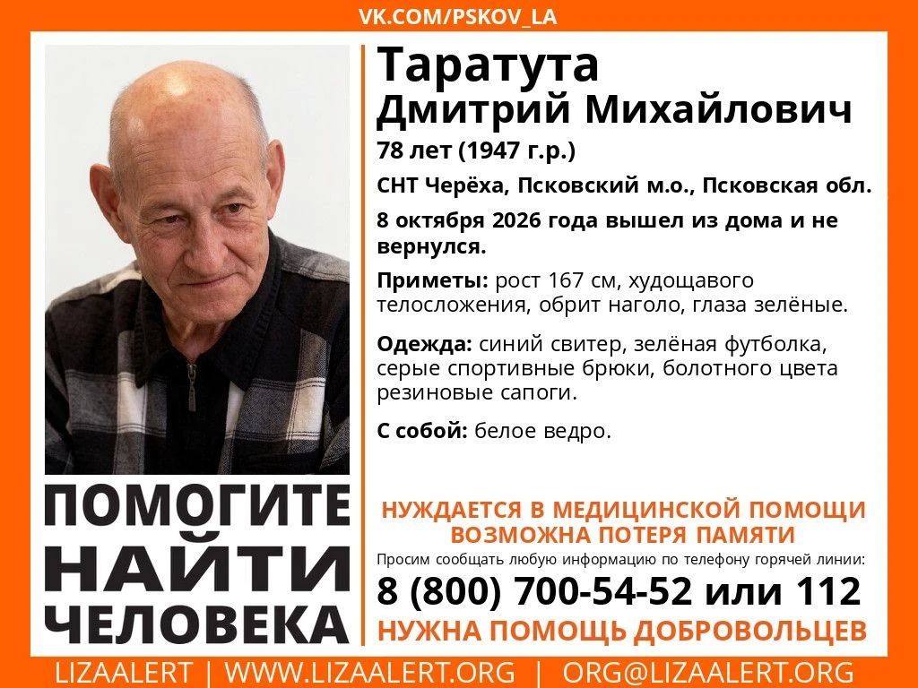 Ушел и не вернулся: 78-летнего Дмитрия Таратуту разыскивают в Псковской области